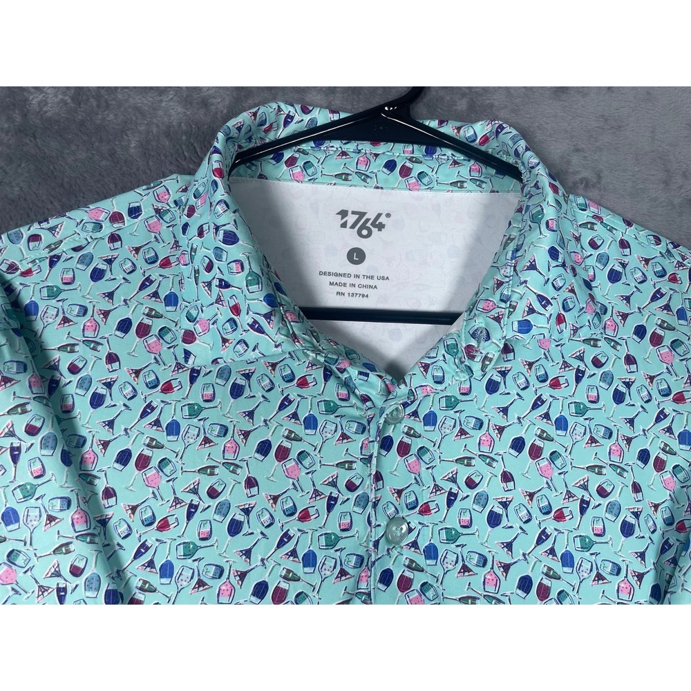 1764 Mens Golf Polo Shirt Size Large Teal Cocktail Wine Glass Print Performance